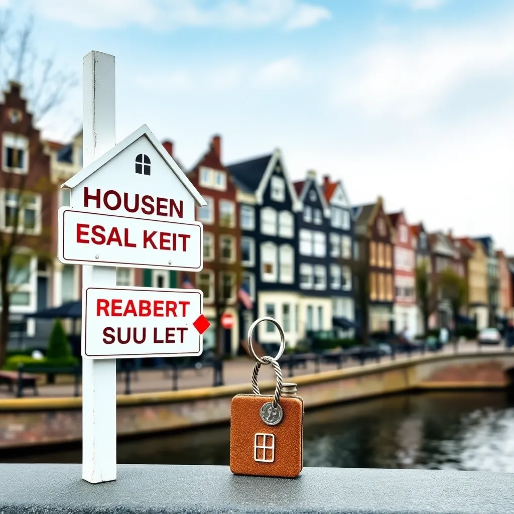 Afbeelding van een Nederlandse huizenmarkt met makelaarsborden en een sleutel