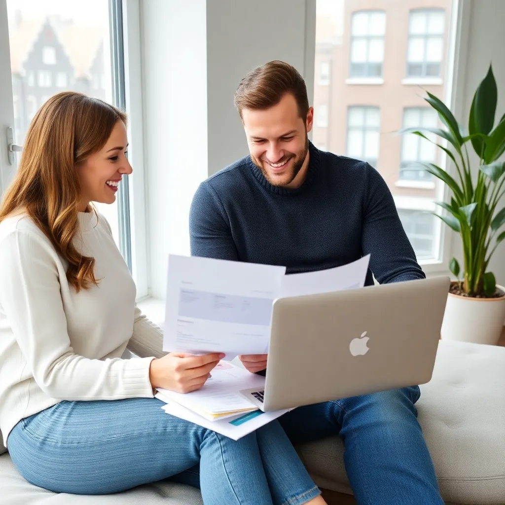 Gelukkig Nederlands stel dat hun financiën plant met laptop en documenten