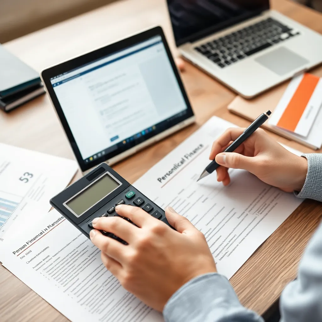 Een persoon die belastingformulieren invult met een calculator en laptop