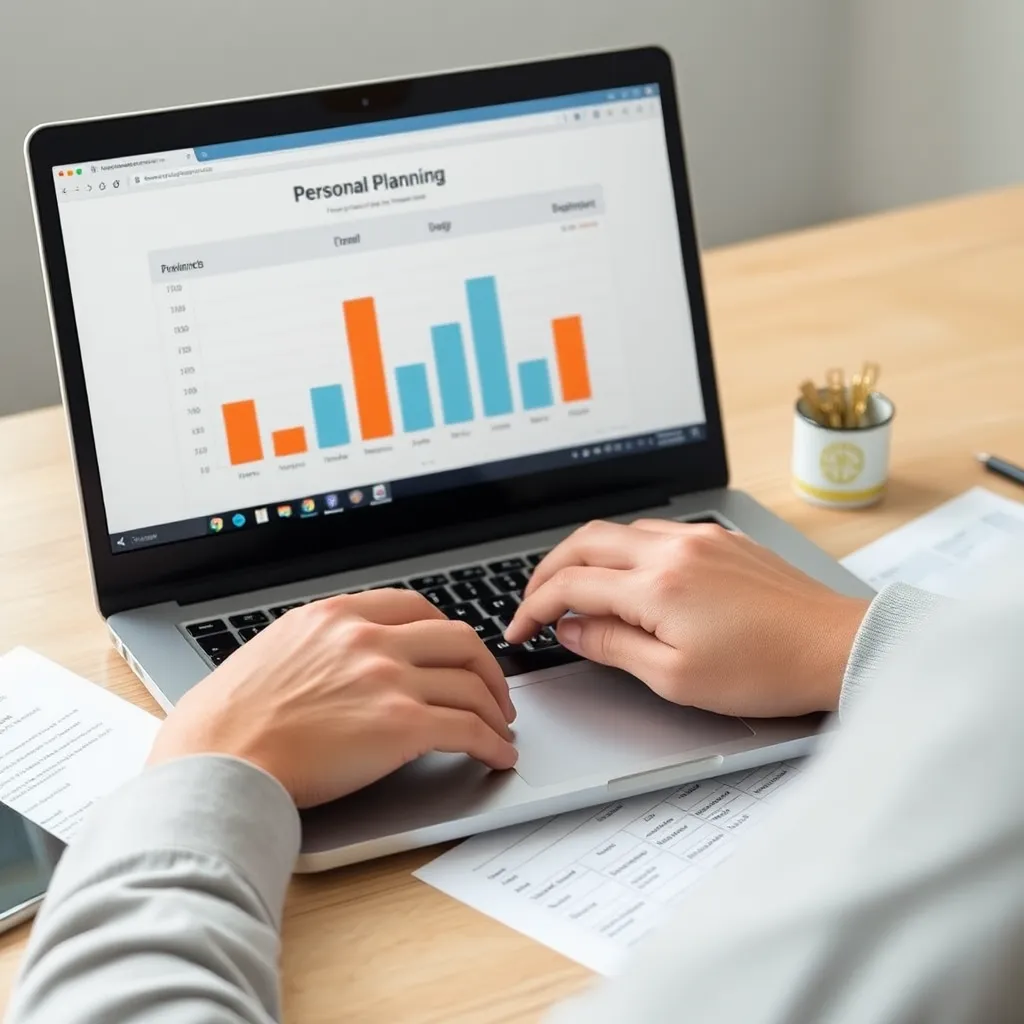 Persoon die financiële planning doet met laptop en documenten