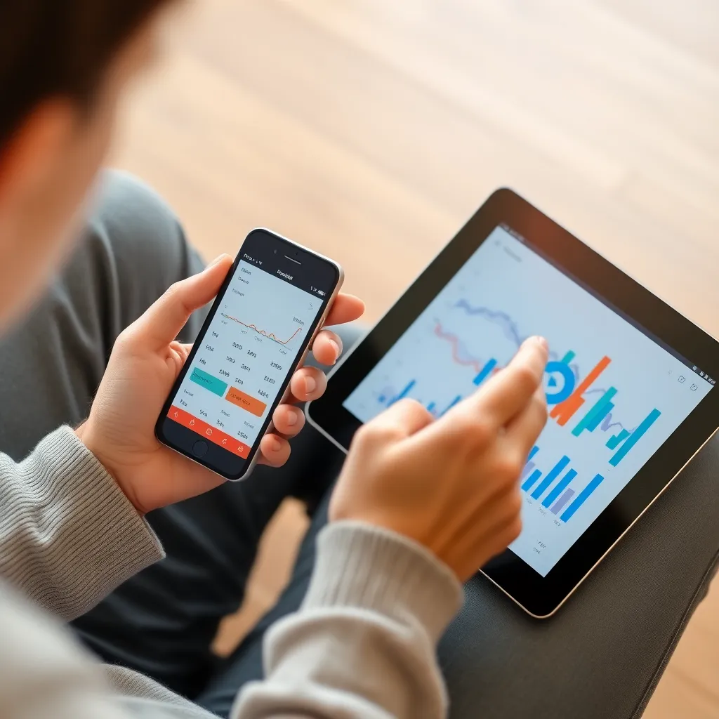 Persoon die budgetteringsapps gebruikt op smartphone en tablet